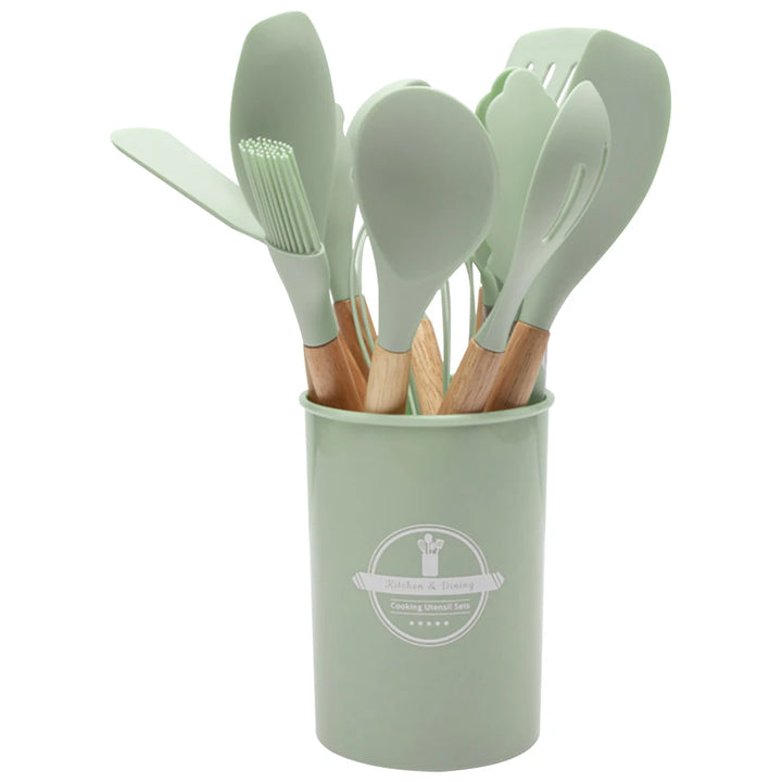 12Pcs Kitchen Utensil Set Silicone Spatula Set Wooden Handle Heat-Resistant Cookware Spatula Spoon Brush Whisk for Kitchen - Vogue Vista UK