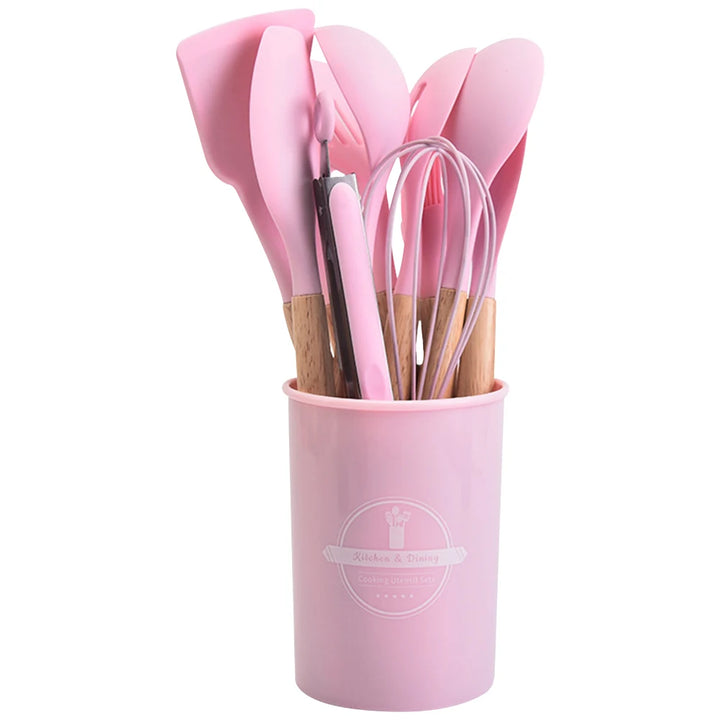 12Pcs Kitchen Utensil Set Silicone Spatula Set Wooden Handle Heat-Resistant Cookware Spatula Spoon Brush Whisk for Kitchen - Vogue Vista UK