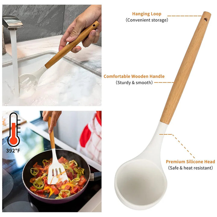 12Pcs Kitchen Utensil Set Silicone Spatula Set Wooden Handle Heat-Resistant Cookware Spatula Spoon Brush Whisk for Kitchen - Vogue Vista UK
