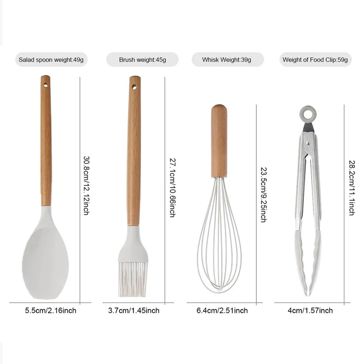 12Pcs Kitchen Utensil Set Silicone Spatula Set Wooden Handle Heat-Resistant Cookware Spatula Spoon Brush Whisk for Kitchen - Vogue Vista UK