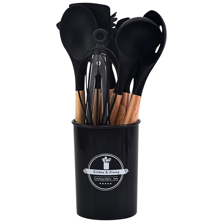 12Pcs Kitchen Utensil Set Silicone Spatula Set Wooden Handle Heat-Resistant Cookware Spatula Spoon Brush Whisk for Kitchen - Vogue Vista UK