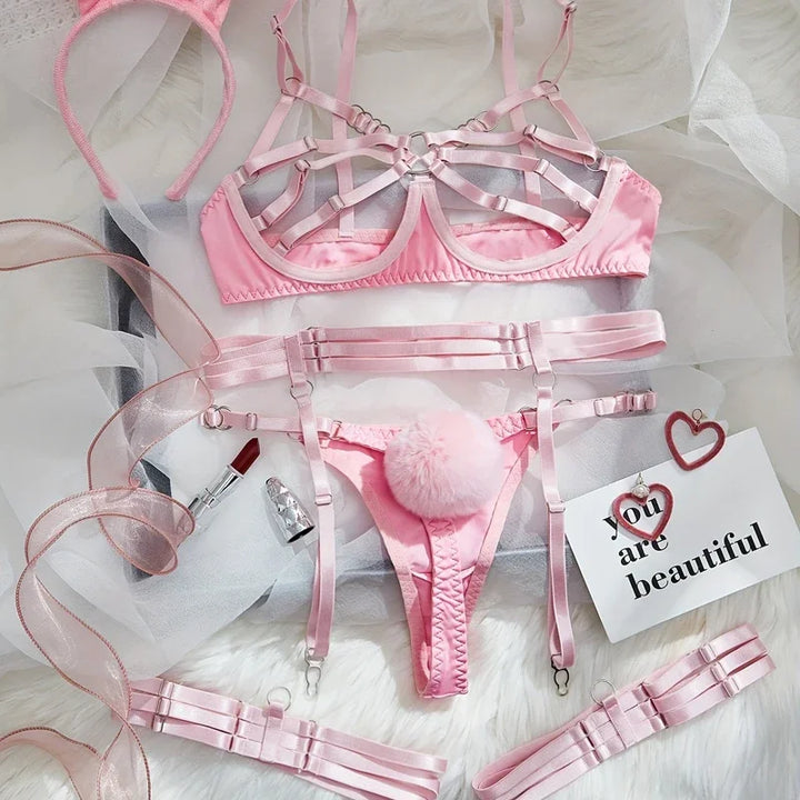 Bunny Girl Sexy Lingerie Set For Women Hollow Out See-Through Straps Patchwork Sexy Bunny Headband Lingerie Bra Set - Vogue Vista UK