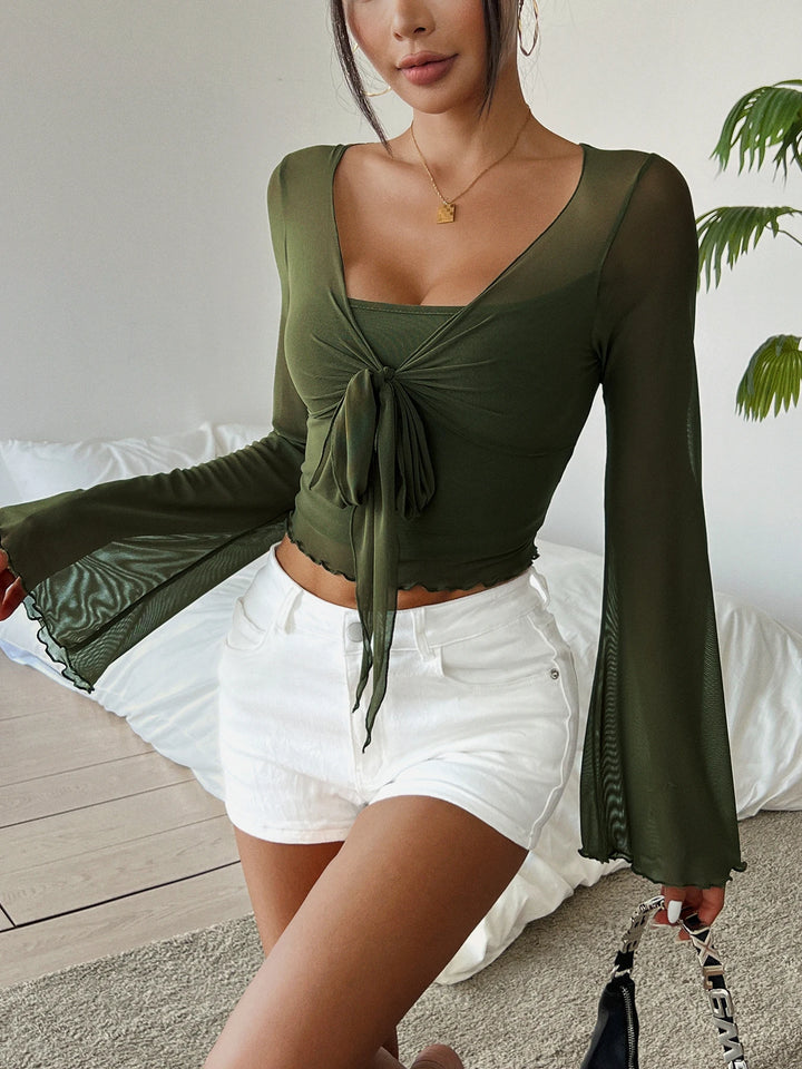 Solid Color V-neck Ruched T-Shirt Elegant Flare Sleeve Tie Front T-Shirt For Spring  Fall Women's Clothing - Vogue Vista UK