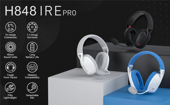 Redragon H848 Headset Bluetooth Wireless Gaming Lightweight 7.1 Surround Sound 40MM Drivers Detachable Microphone Multi Platform - Vogue Vista UK