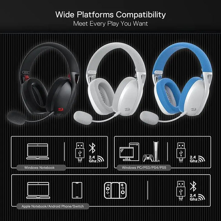 Redragon H848 Headset Bluetooth Wireless Gaming Lightweight 7.1 Surround Sound 40MM Drivers Detachable Microphone Multi Platform - Vogue Vista UK