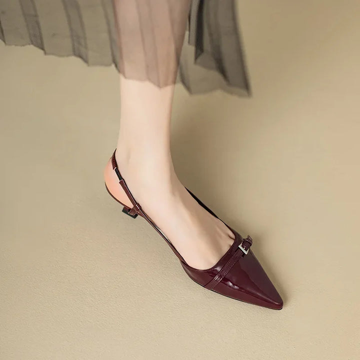 2024 New Summer French Wine Red Pointed Patent Leather Mid-heel Overhead Sandals for Women Retro Skinny Heel Back Empty Shoes - Vogue Vista UK