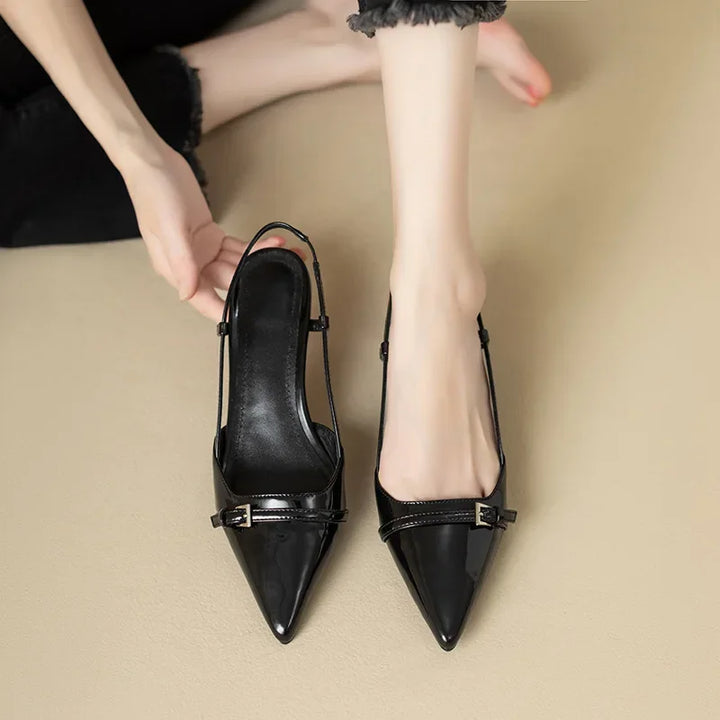 2024 New Summer French Wine Red Pointed Patent Leather Mid-heel Overhead Sandals for Women Retro Skinny Heel Back Empty Shoes - Vogue Vista UK
