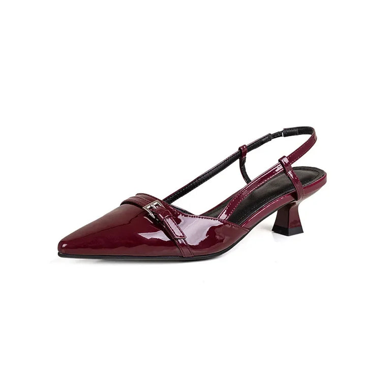 2024 New Summer French Wine Red Pointed Patent Leather Mid-heel Overhead Sandals for Women Retro Skinny Heel Back Empty Shoes - Vogue Vista UK