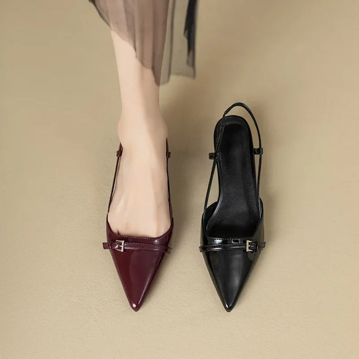 2024 New Summer French Wine Red Pointed Patent Leather Mid-heel Overhead Sandals for Women Retro Skinny Heel Back Empty Shoes - Vogue Vista UK
