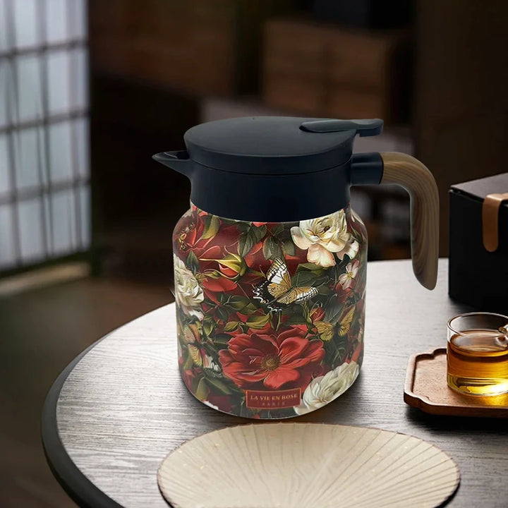 1000ml Vintage Floral Tea Kettle with Lid Mini Hot Coffee Pot Built-in Infuser Tea Separation Water Bottle for Hot Drinks - Vogue Vista UK