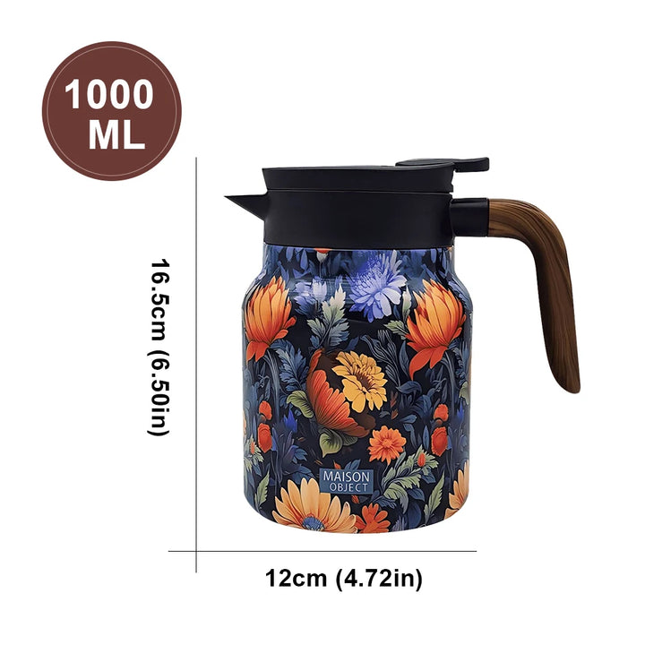 1000ml Vintage Floral Tea Kettle with Lid Mini Hot Coffee Pot Built-in Infuser Tea Separation Water Bottle for Hot Drinks - Vogue Vista UK