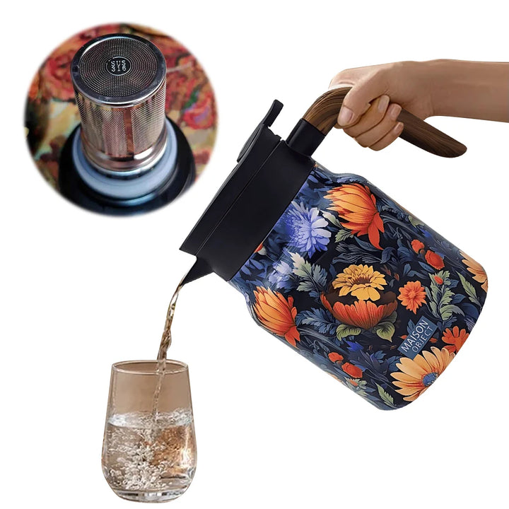1000ml Vintage Floral Tea Kettle with Lid Mini Hot Coffee Pot Built-in Infuser Tea Separation Water Bottle for Hot Drinks - Vogue Vista UK