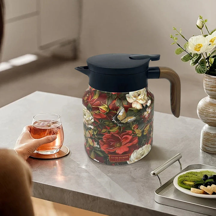1000ml Vintage Floral Tea Kettle with Lid Mini Hot Coffee Pot Built-in Infuser Tea Separation Water Bottle for Hot Drinks - Vogue Vista UK