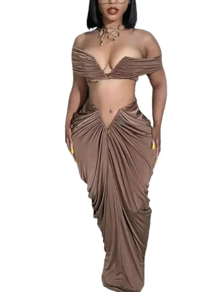 Stacked Ruched Women's Set Off Shoulder Crop Top and Low Waist Maxi Long Skirts 2025 Sexy Party Two 2 Piece Sets Outfits - Vogue Vista UK