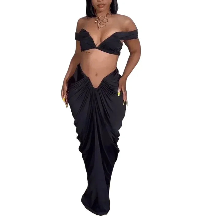 Stacked Ruched Women's Set Off Shoulder Crop Top and Low Waist Maxi Long Skirts 2025 Sexy Party Two 2 Piece Sets Outfits - Vogue Vista UK