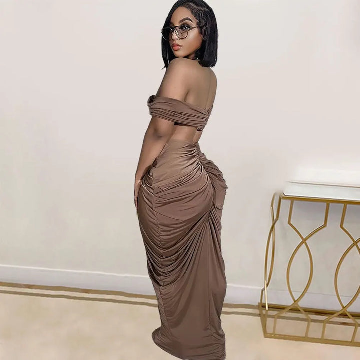 Stacked Ruched Women's Set Off Shoulder Crop Top and Low Waist Maxi Long Skirts 2025 Sexy Party Two 2 Piece Sets Outfits - Vogue Vista UK
