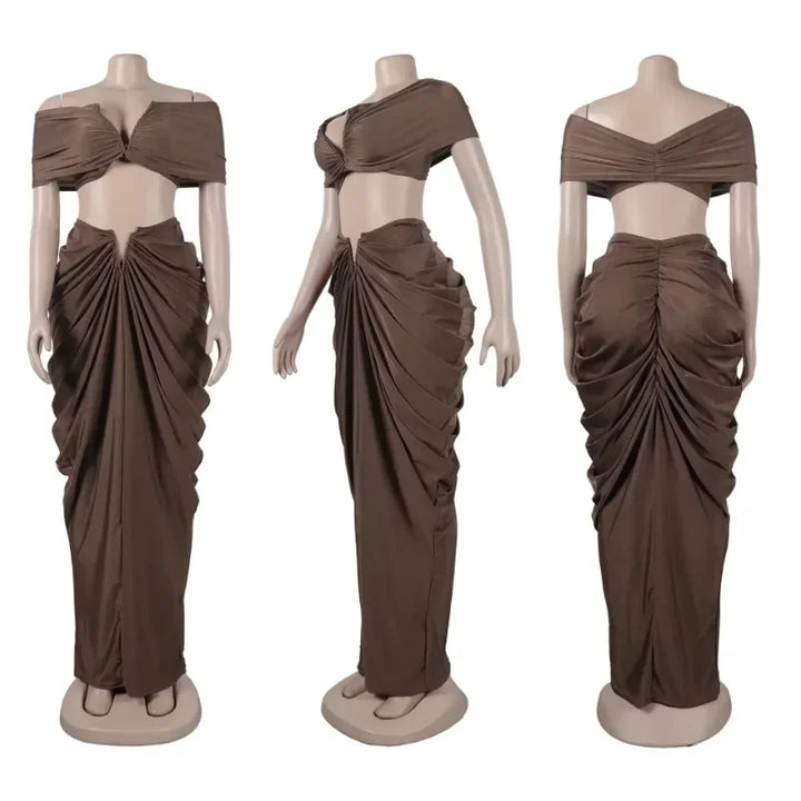 Stacked Ruched Women's Set Off Shoulder Crop Top and Low Waist Maxi Long Skirts 2025 Sexy Party Two 2 Piece Sets Outfits - Vogue Vista UK