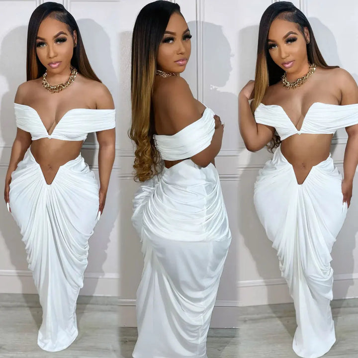 Stacked Ruched Women's Set Off Shoulder Crop Top and Low Waist Maxi Long Skirts 2025 Sexy Party Two 2 Piece Sets Outfits - Vogue Vista UK