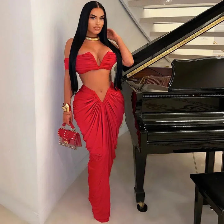 Stacked Ruched Women's Set Off Shoulder Crop Top and Low Waist Maxi Long Skirts 2025 Sexy Party Two 2 Piece Sets Outfits - Vogue Vista UK