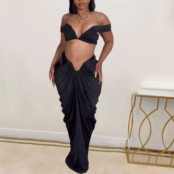 Stacked Ruched Women's Set Off Shoulder Crop Top and Low Waist Maxi Long Skirts 2025 Sexy Party Two 2 Piece Sets Outfits - Vogue Vista UK