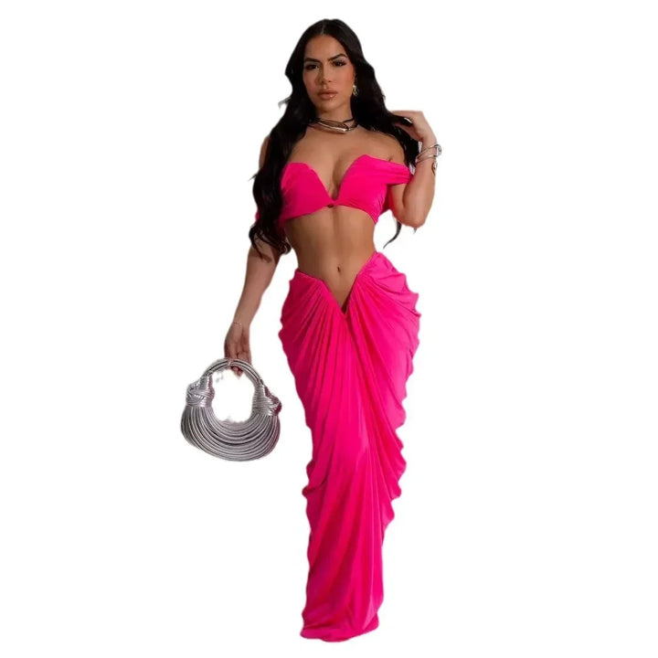 Stacked Ruched Women's Set Off Shoulder Crop Top and Low Waist Maxi Long Skirts 2025 Sexy Party Two 2 Piece Sets Outfits - Vogue Vista UK