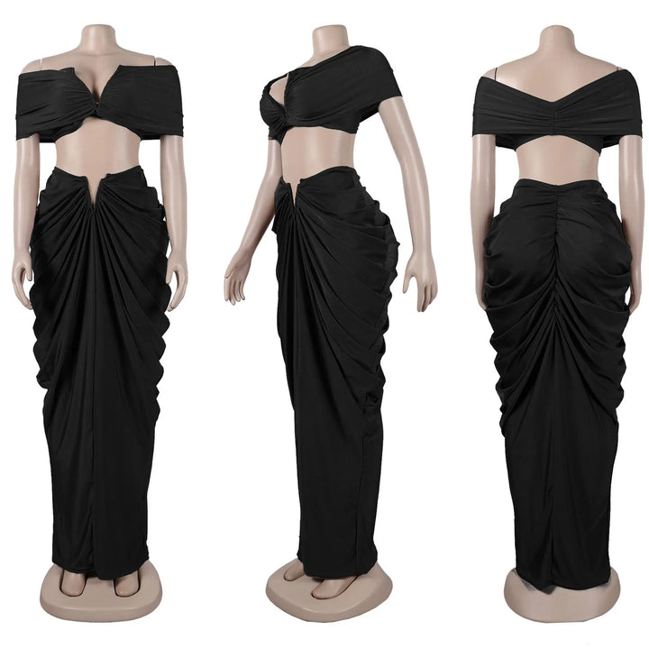 Stacked Ruched Women's Set Off Shoulder Crop Top and Low Waist Maxi Long Skirts 2025 Sexy Party Two 2 Piece Sets Outfits - Vogue Vista UK
