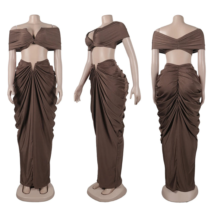 Stacked Ruched Women's Set Off Shoulder Crop Top and Low Waist Maxi Long Skirts 2025 Sexy Party Two 2 Piece Sets Outfits - Vogue Vista UK
