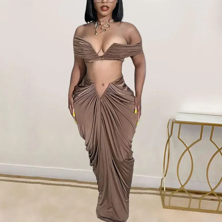 Stacked Ruched Women's Set Off Shoulder Crop Top and Low Waist Maxi Long Skirts 2025 Sexy Party Two 2 Piece Sets Outfits - Vogue Vista UK