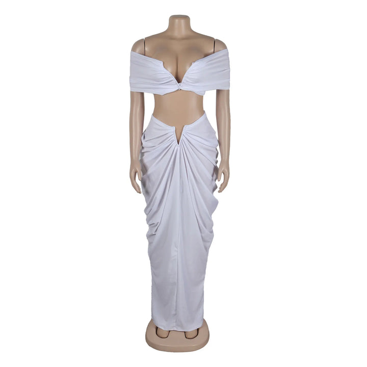 Stacked Ruched Women's Set Off Shoulder Crop Top and Low Waist Maxi Long Skirts 2025 Sexy Party Two 2 Piece Sets Outfits - Vogue Vista UK