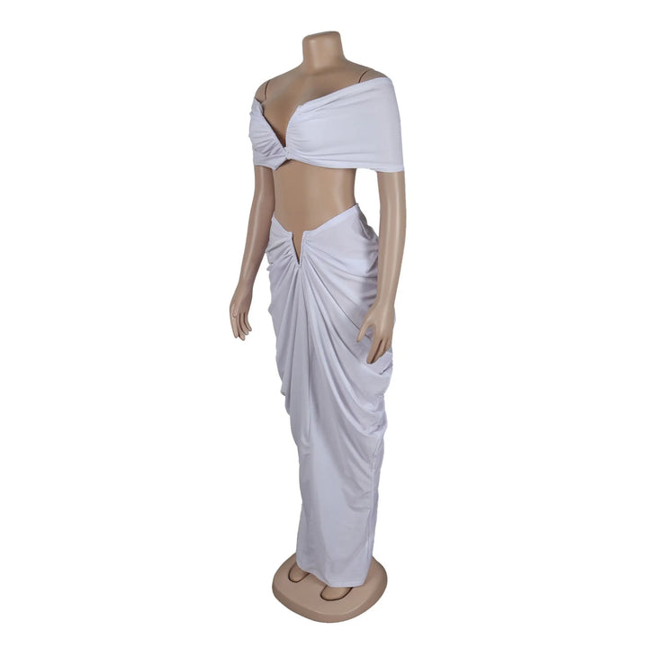 Stacked Ruched Women's Set Off Shoulder Crop Top and Low Waist Maxi Long Skirts 2025 Sexy Party Two 2 Piece Sets Outfits - Vogue Vista UK