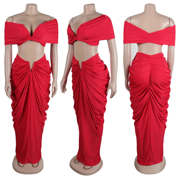 Stacked Ruched Women's Set Off Shoulder Crop Top and Low Waist Maxi Long Skirts 2025 Sexy Party Two 2 Piece Sets Outfits - Vogue Vista UK