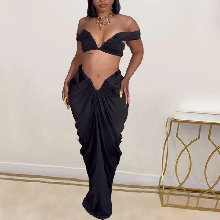 Stacked Ruched Women's Set Off Shoulder Crop Top and Low Waist Maxi Long Skirts 2025 Sexy Party Two 2 Piece Sets Outfits - Vogue Vista UK