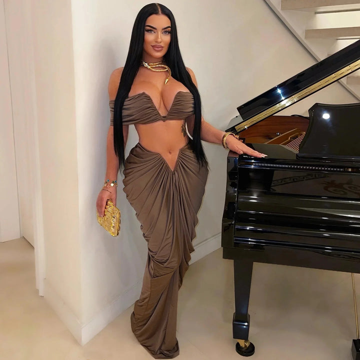 Stacked Ruched Women's Set Off Shoulder Crop Top and Low Waist Maxi Long Skirts 2025 Sexy Party Two 2 Piece Sets Outfits - Vogue Vista UK