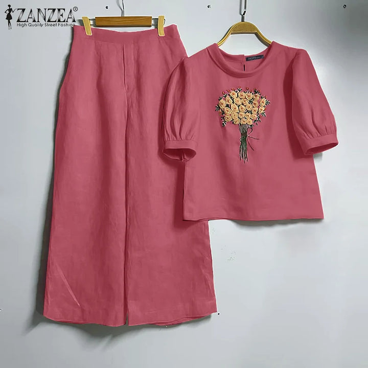 ZANZEA Fashion Short Sleeve Floral Embroidery Blouse Wide Leg Pants Sets 2PCS Women Summer Tracksuit Casual Loose Trousers Suits - Vogue Vista UK