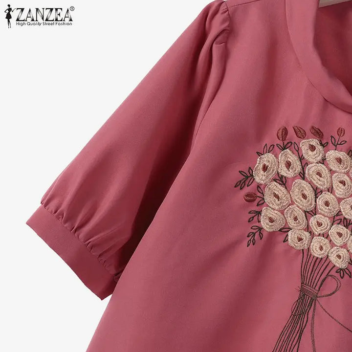 ZANZEA Fashion Short Sleeve Floral Embroidery Blouse Wide Leg Pants Sets 2PCS Women Summer Tracksuit Casual Loose Trousers Suits - Vogue Vista UK