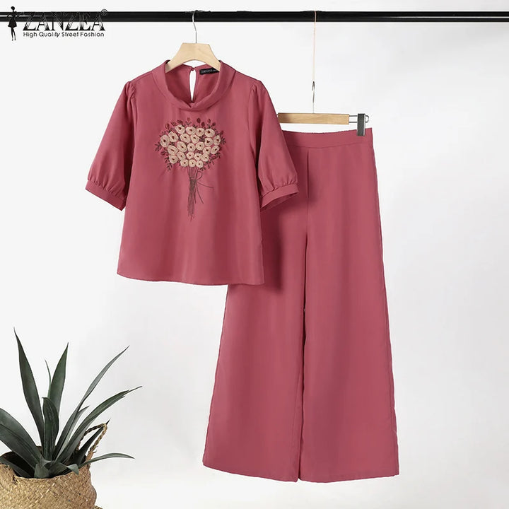 ZANZEA Fashion Short Sleeve Floral Embroidery Blouse Wide Leg Pants Sets 2PCS Women Summer Tracksuit Casual Loose Trousers Suits - Vogue Vista UK