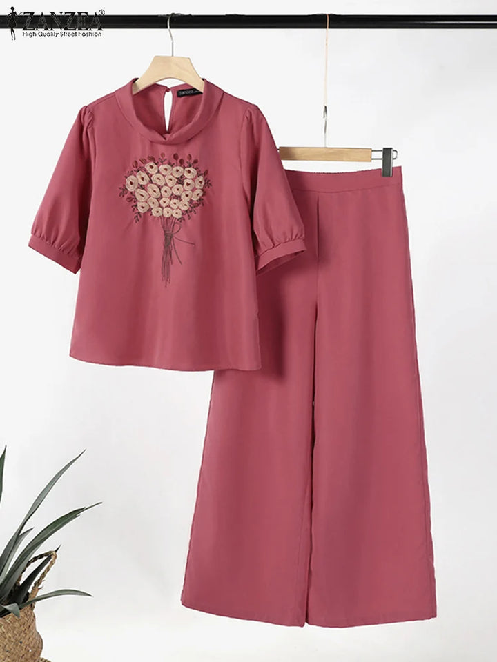 ZANZEA Fashion Short Sleeve Floral Embroidery Blouse Wide Leg Pants Sets 2PCS Women Summer Tracksuit Casual Loose Trousers Suits - Vogue Vista UK