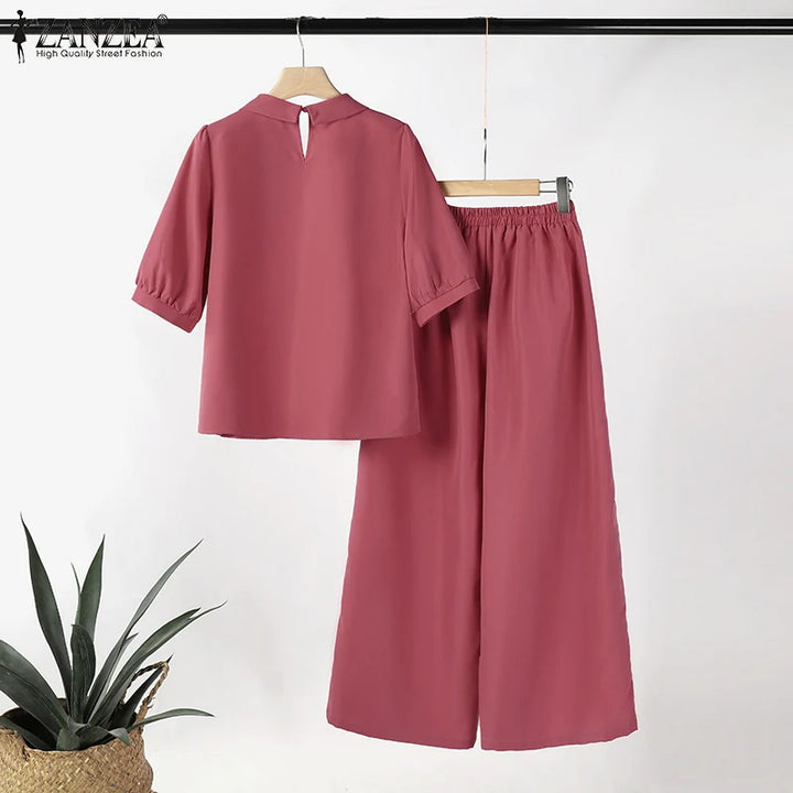 ZANZEA Fashion Short Sleeve Floral Embroidery Blouse Wide Leg Pants Sets 2PCS Women Summer Tracksuit Casual Loose Trousers Suits - Vogue Vista UK