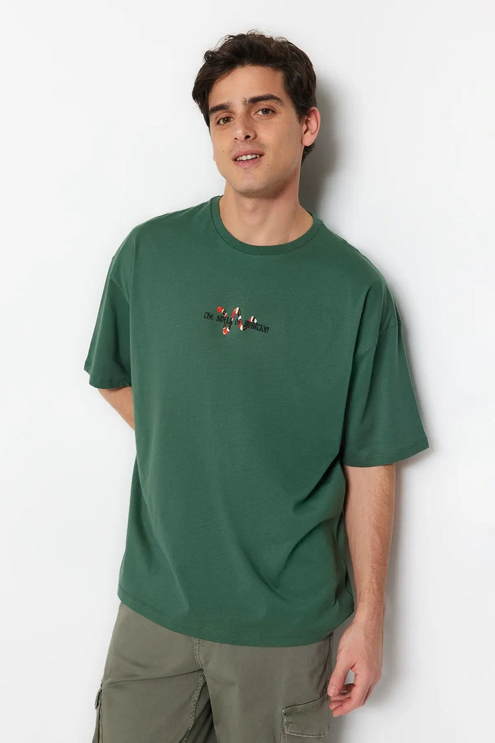 Trendyol TYZA Men's T-Shirts Crew Neck Knit Oversize Slogan Standard Sleeve Casual Tops & Tees T Shirts Casual T-Shirts - Vogue Vista UK