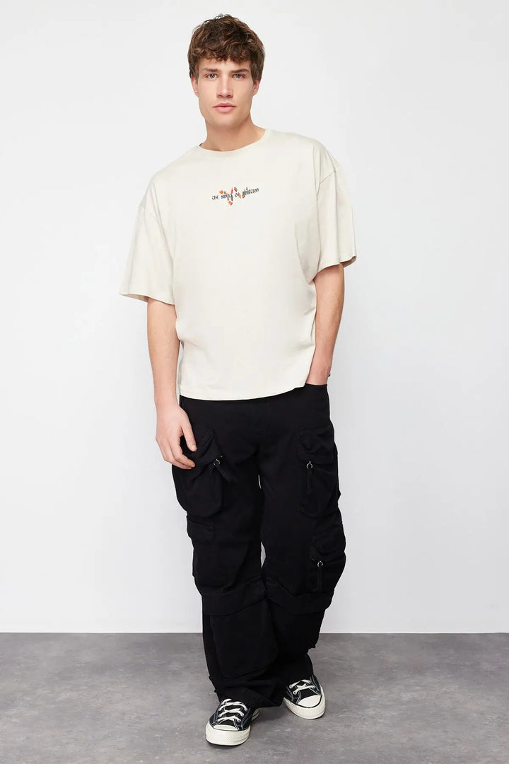 Trendyol TYZA Men's T-Shirts Crew Neck Knit Oversize Slogan Standard Sleeve Casual Tops & Tees T Shirts Casual T-Shirts - Vogue Vista UK