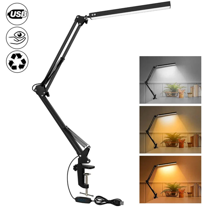 LED Desk Lamp with Clamp 10W Swing Arm Desk Lamp Eye-Caring Dimmable Desk Light with 10 Brightness Level, 3 Lighting Modes Light - Vogue Vista UK