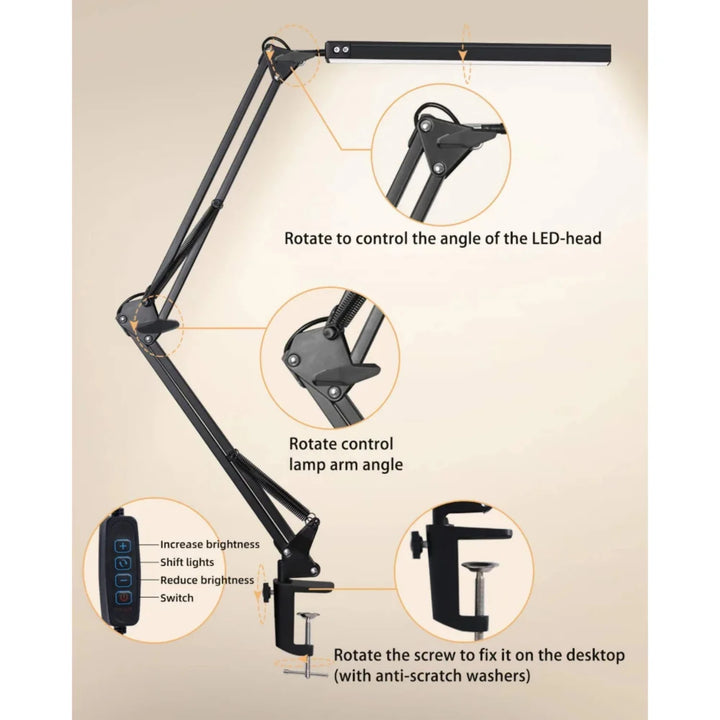 LED Desk Lamp with Clamp 10W Swing Arm Desk Lamp Eye-Caring Dimmable Desk Light with 10 Brightness Level, 3 Lighting Modes Light - Vogue Vista UK