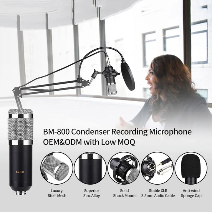 BM800 Professional Condenser Microphone Podcast Live Broadcast Equipment USB MIC Microfone Set Studio Mic with Arm Stand Music - Vogue Vista UK