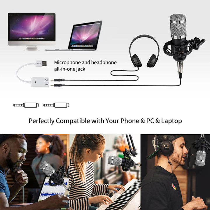 BM800 Professional Condenser Microphone Podcast Live Broadcast Equipment USB MIC Microfone Set Studio Mic with Arm Stand Music - Vogue Vista UK