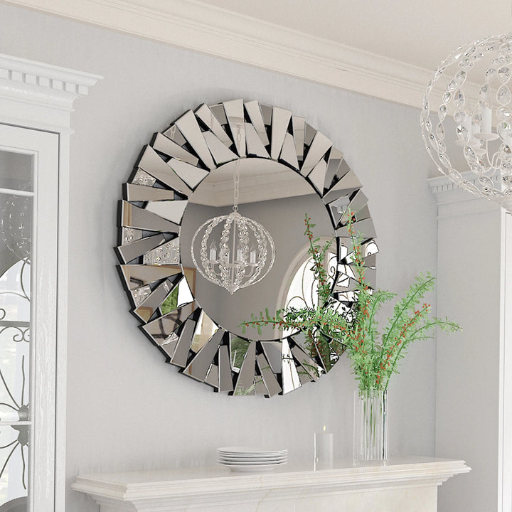 32" Wall Mirrors Decorative Round Sunburst Mirror for Wall Decor Modern Silver Glass Wall-Mounted Beveled Hanging Circle Accents - Vogue Vista UK