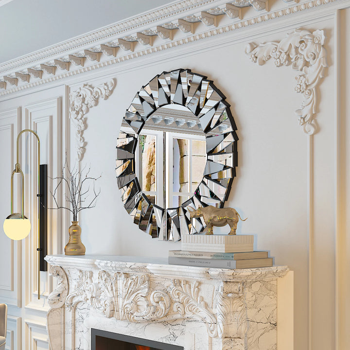 32" Wall Mirrors Decorative Round Sunburst Mirror for Wall Decor Modern Silver Glass Wall-Mounted Beveled Hanging Circle Accents - Vogue Vista UK