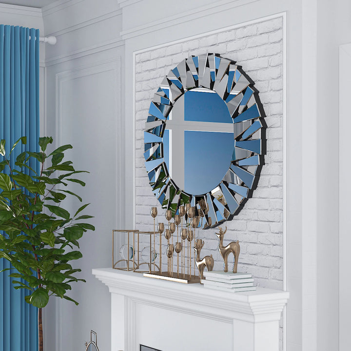 32" Wall Mirrors Decorative Round Sunburst Mirror for Wall Decor Modern Silver Glass Wall-Mounted Beveled Hanging Circle Accents - Vogue Vista UK