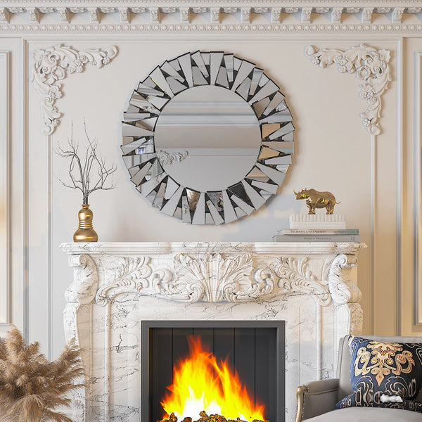32" Wall Mirrors Decorative Round Sunburst Mirror for Wall Decor Modern Silver Glass Wall-Mounted Beveled Hanging Circle Accents - Vogue Vista UK