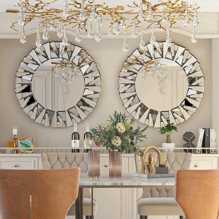 32" Wall Mirrors Decorative Round Sunburst Mirror for Wall Decor Modern Silver Glass Wall-Mounted Beveled Hanging Circle Accents - Vogue Vista UK