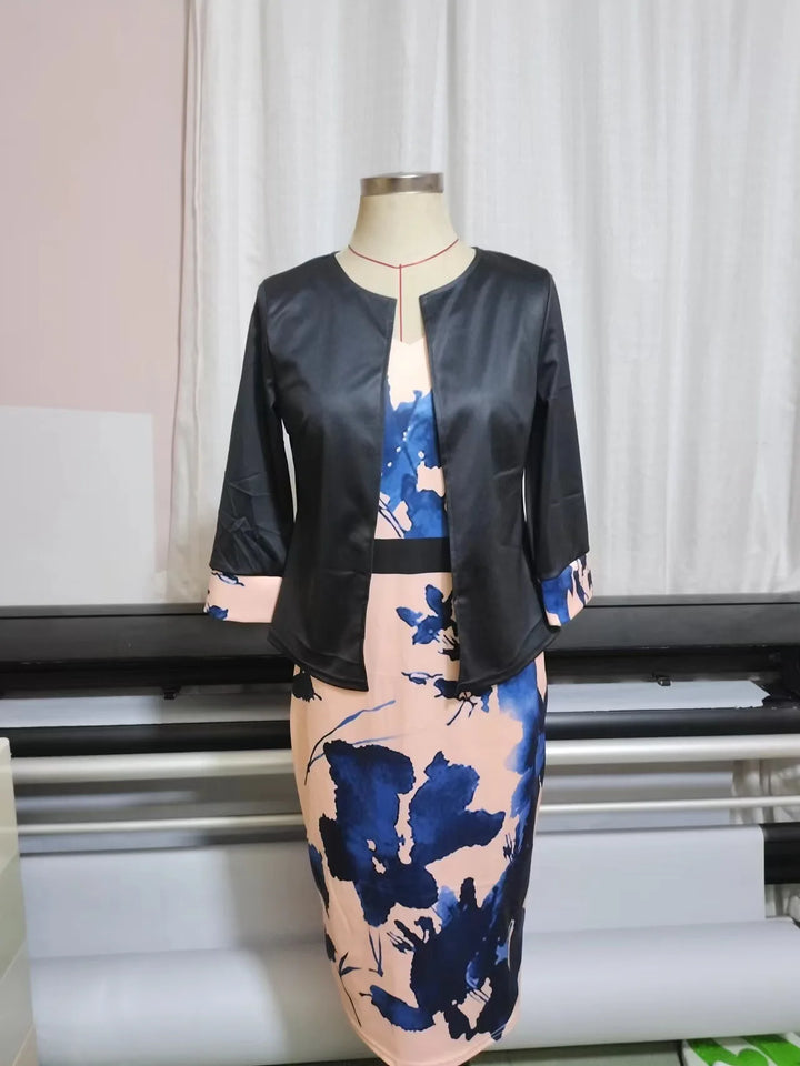 Female Suit 2024 Spring Autumn New Solid Three Quarter Sleeve Top And Floral Print Package Hip Dress Two Piece Sets Fashion Suit - Vogue Vista UK